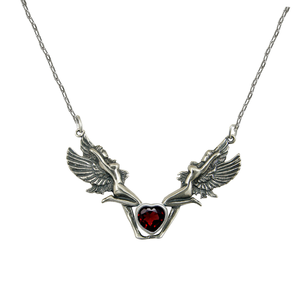 Sterling Silver Pair of Fairies Necklace And Garnet Heart